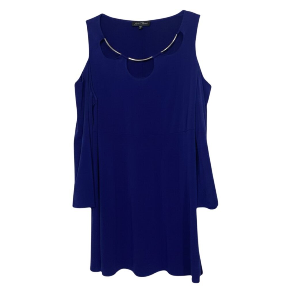 Slinky Brand Blue Cold Shoulder Blouse – Size Medium – Metallic Neckline Detail